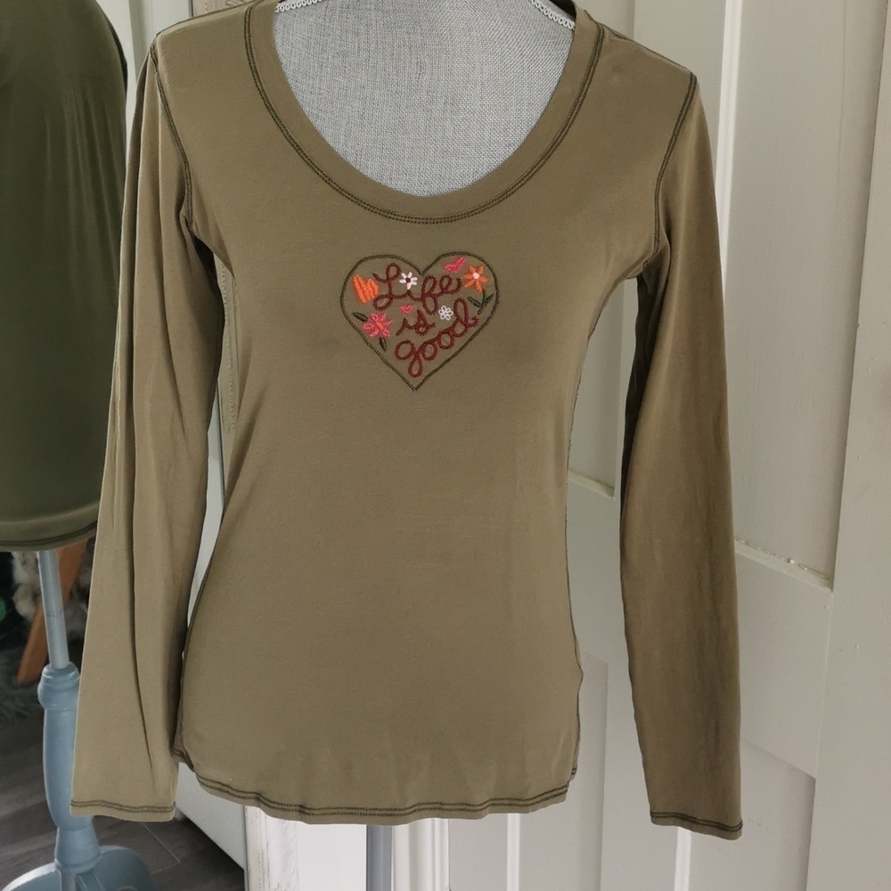 Life is Good embroidered long sleeve boho, granolagirl olive shirt. NWOT